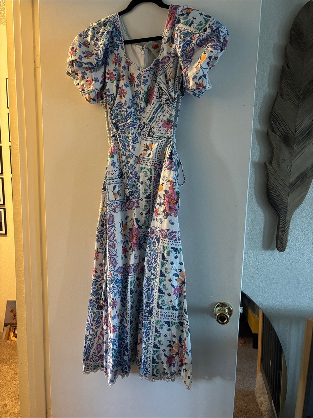 FARM Rio White Midi Dress with Blue and Pink Floral Patchwork